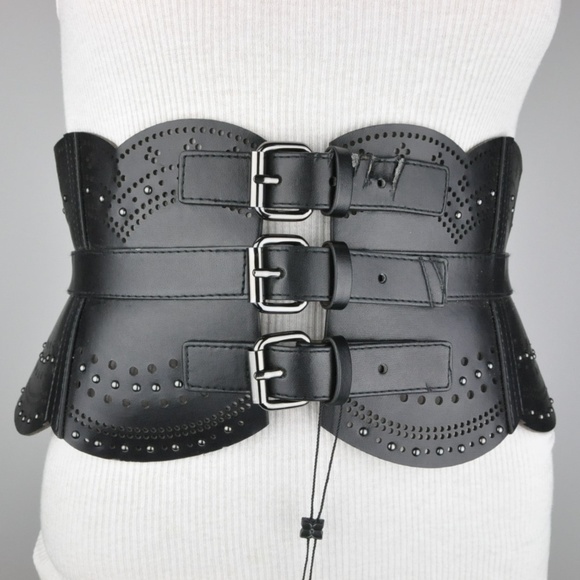 Buckle Accessories - Black Faux Leather Triple Buckle Wide Belt Medium